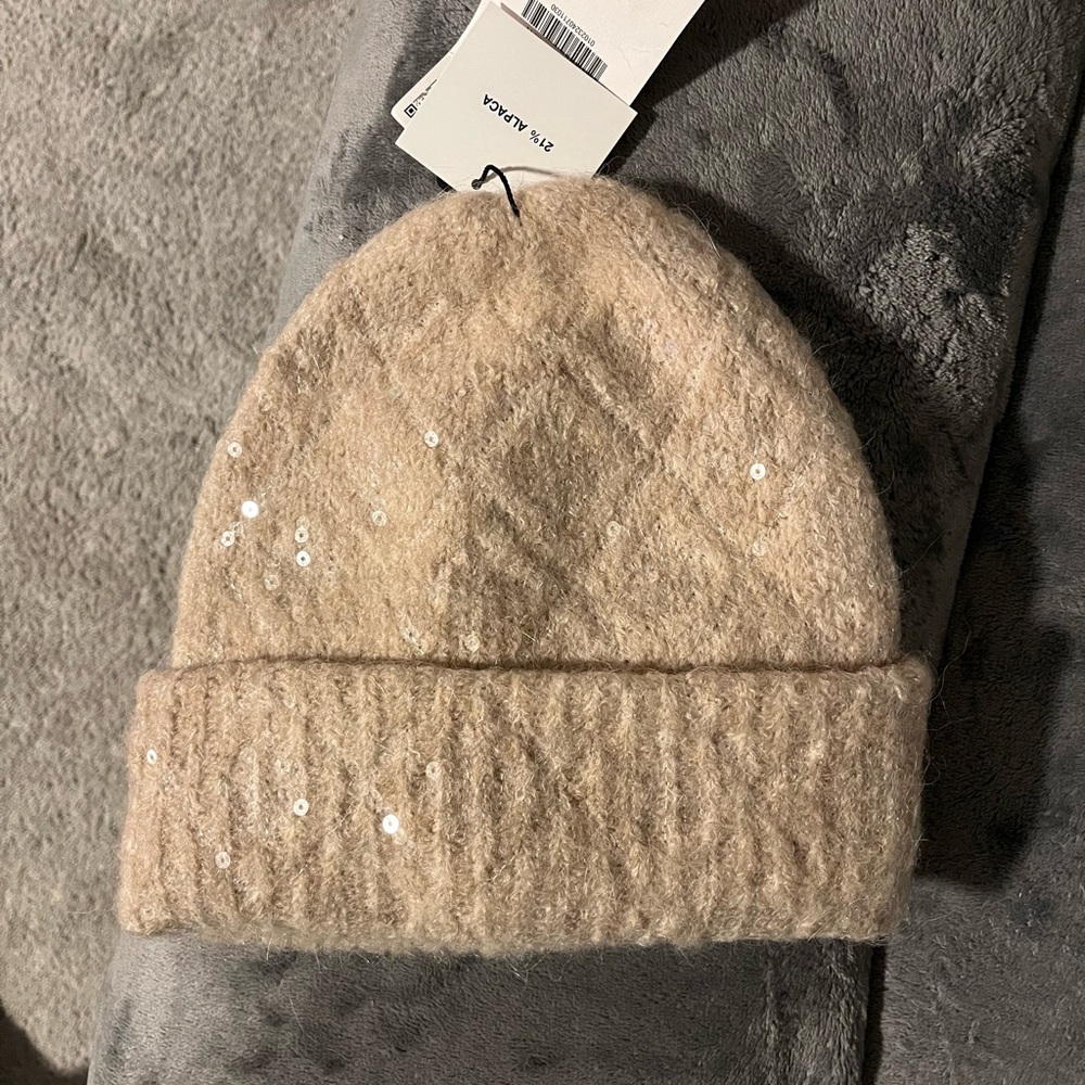 Zara Beige Knit Beanie with Sequins